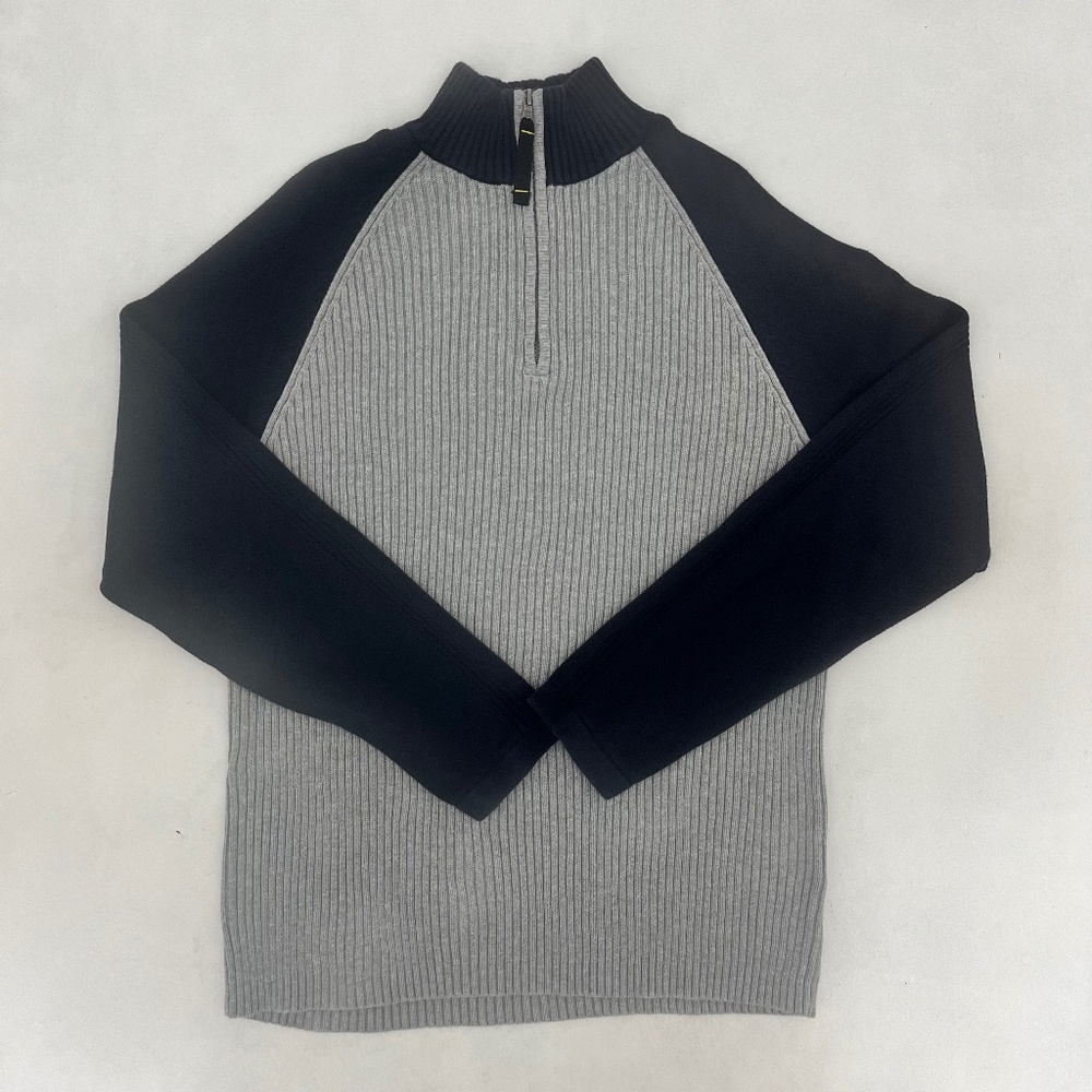 Nautica Jeans Co Mens Size Large Pullover Sweater Gray Black Mock Neck 1/4 Zip